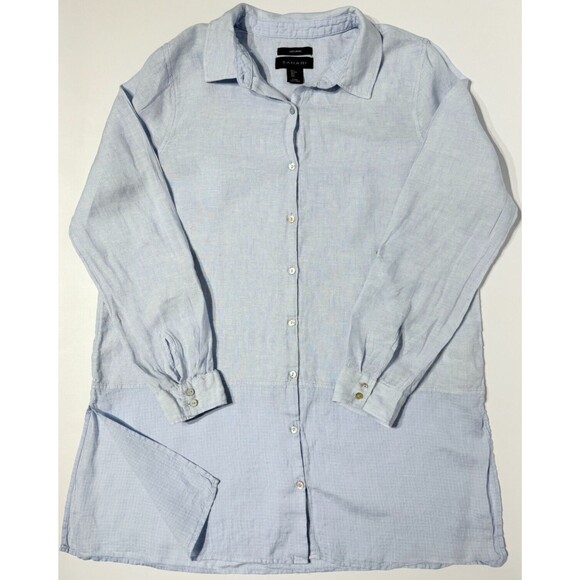 Tahari Tops - Tahari 100% Linen Button Down Shirt Blouse Light Blue Roll Tab Sleeve Women’s L